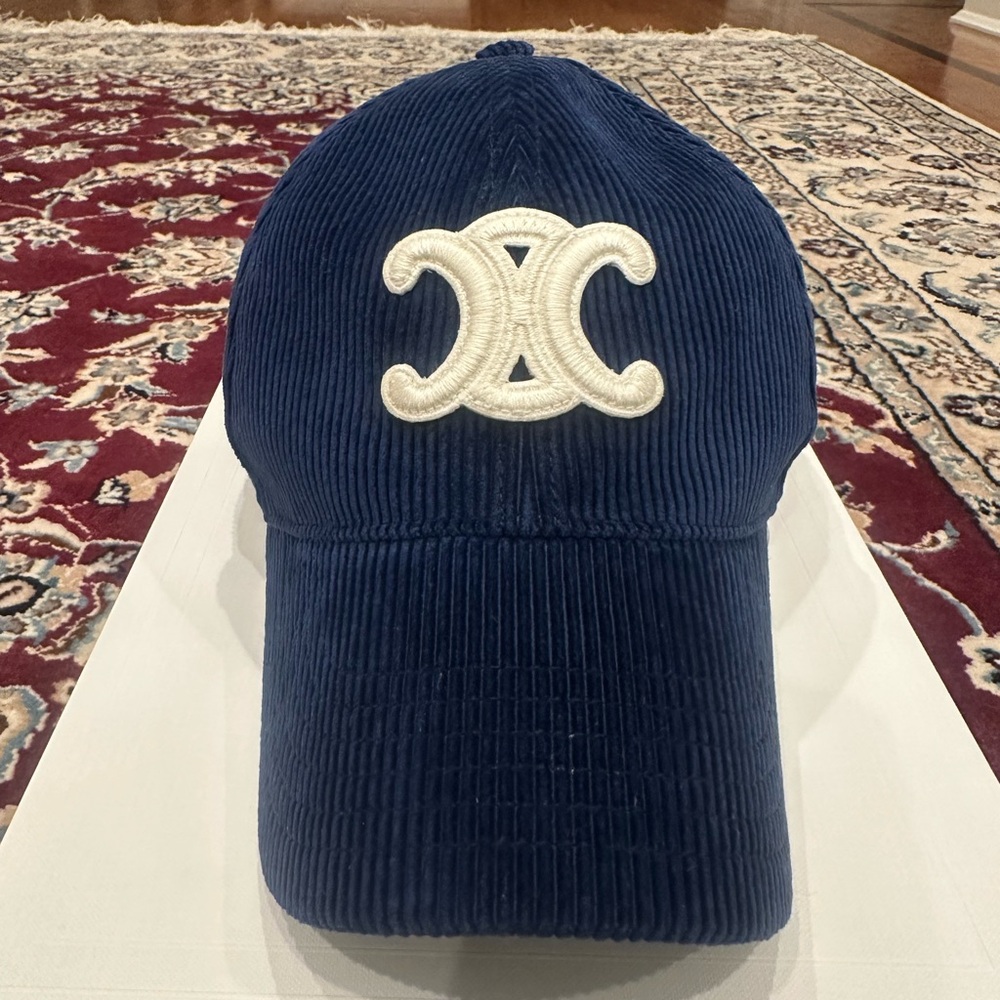 Celine Blue Corduroy Cap with Gold Buckle